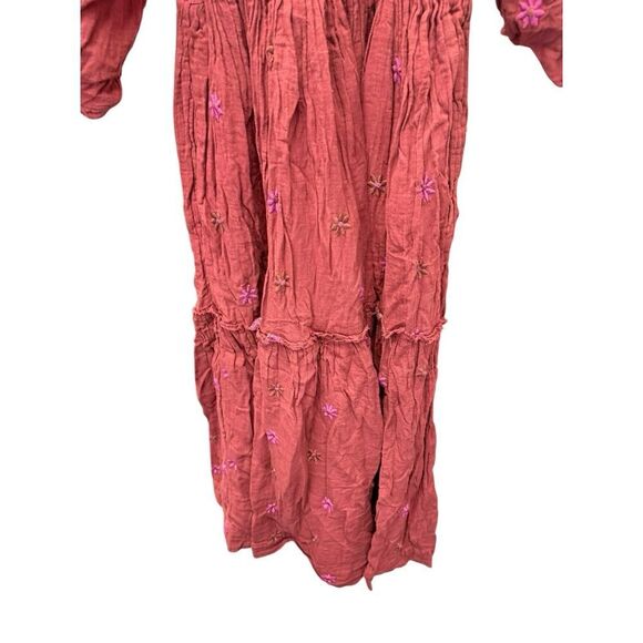 Free People Dahlia Embroidered Maxi Dress XS Rust Coral Smocked Boho Cotton - Picture 8 of 14